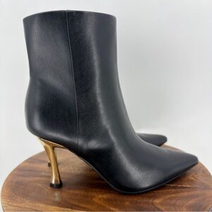 Nine West Black Leather Pointed-Toe Ankle Boots with Gold Stiletto Heel